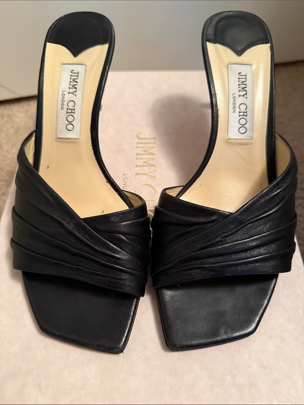 Jimmy Choo Black Leather Twisted Strap Slide Mules